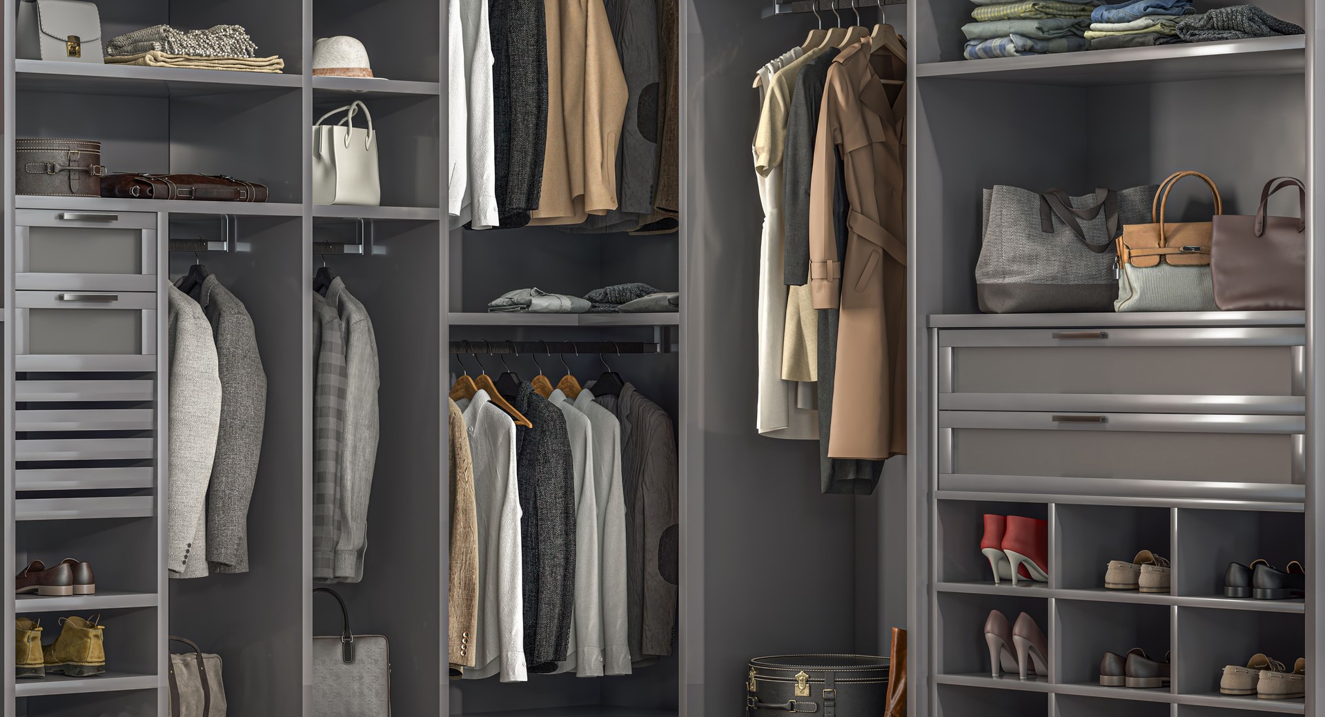 Modern, well-organized walk-in closet showcasing clothing, shoes, and accessories